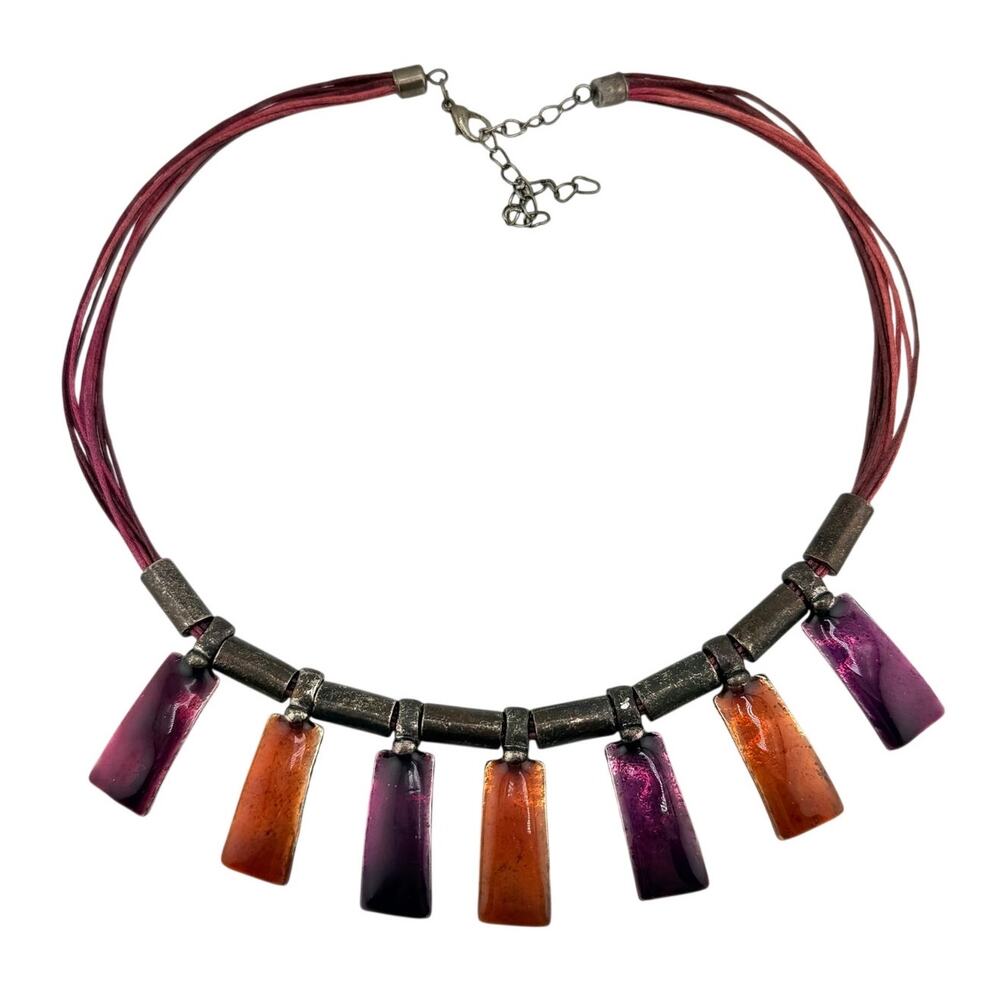 Funky Tribal Style Purple Orange Enamel Fringe Beads Silver Tone 20" Necklace